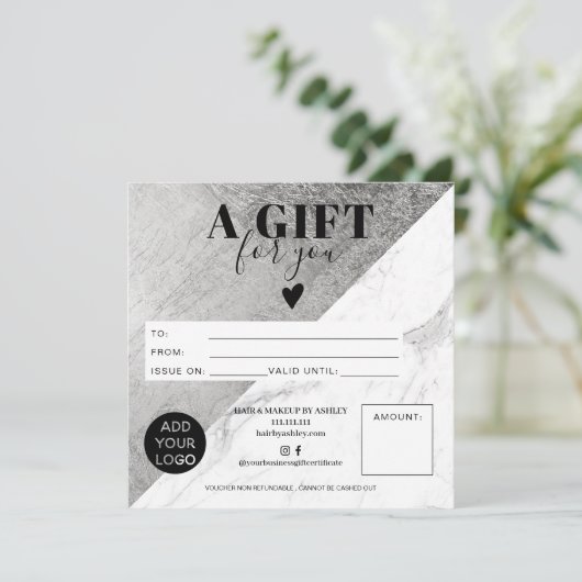 Logo certificaat met cadeaubon voor marmer Silver  (Staand voorkant)