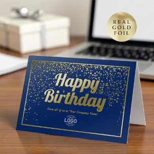 Logo Corporate Elegant Blue Gold Happy Birthday Folie Wenskaart