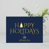 Logo Corporate Elegant Navy Blue Christmas Happy Folie Feestdagenkaart (Staand Voorkant)