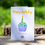 Logo Corporate Paarse Blauw Groene Cupcake Verjaar Kaart<br><div class="desc">Vier verjaardagen op een leuke en professionele manier met deze op maat gemaakte zakelijke Happy Birthday Card met een eenvoudige, schattige paarse, blauwe en groene waterverf cupcake met een enkele vrolijke kaars. Dit moderne en stijlvolle ontwerp, tegen een schone witte achtergrond, die kan worden aangepast aan elke kleur, is perfect...</div>