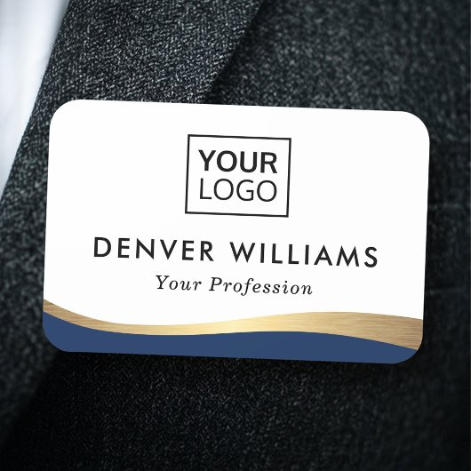 Logo donkerblauw voor gouden gradiëntrand elegant naamplaatje