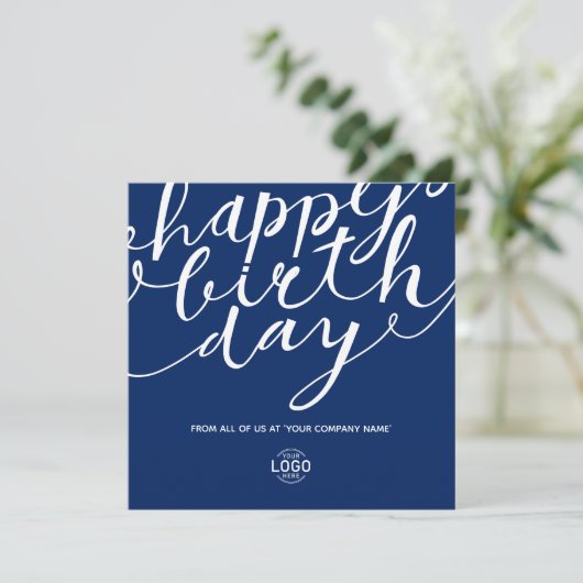 Logo Eenvoudig blauw wit script Corporate Birthday Kaart (Staand voorkant)