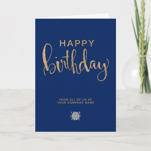 Logo Elegant Faux Gold Navy Blue Happy Birthday Kaart (Voorkant)