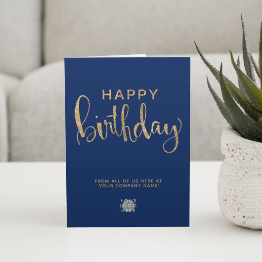 Logo Elegant Faux Gold Navy Blue Happy Birthday Kaart