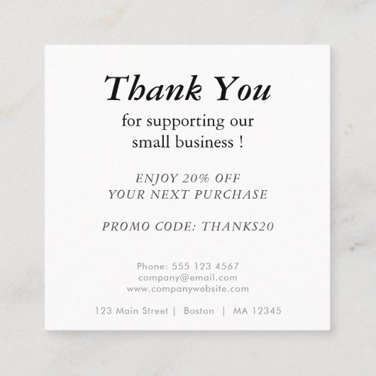Logo en aangepaste kortingscode eenvoudig vierkante visitekaartje (Achterkant)