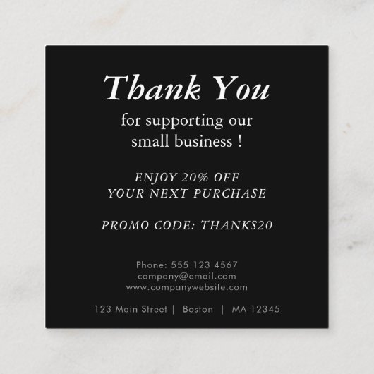 Logo en aangepaste kortingscode zwart vierkante visitekaartje (Achterkant)
