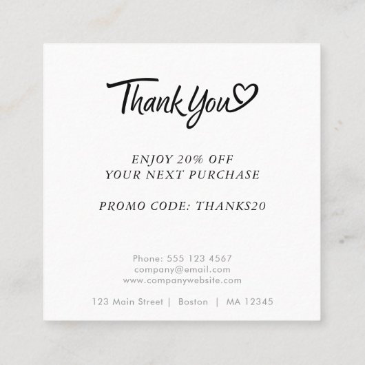 Logo en aangepaste kortingscode zwart vierkante visitekaartje (Achterkant)