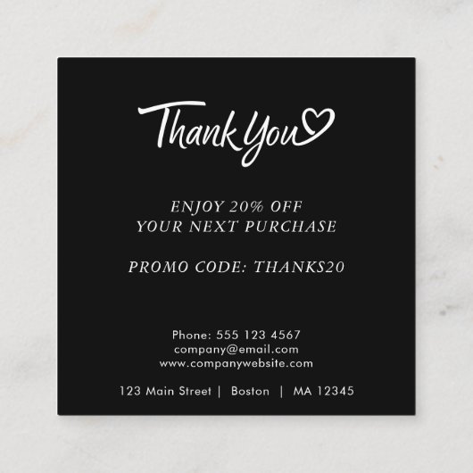 Logo en aangepaste kortingscode zwart vierkante visitekaartje (Achterkant)