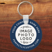 Logo en aangepaste tekst blauwe witte ronde sleute sleutelhanger (Voorkant)