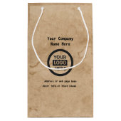 Logo en informatie bedrijf | Bruine achtergrond op Klein Cadeauzakje (Achterkant)