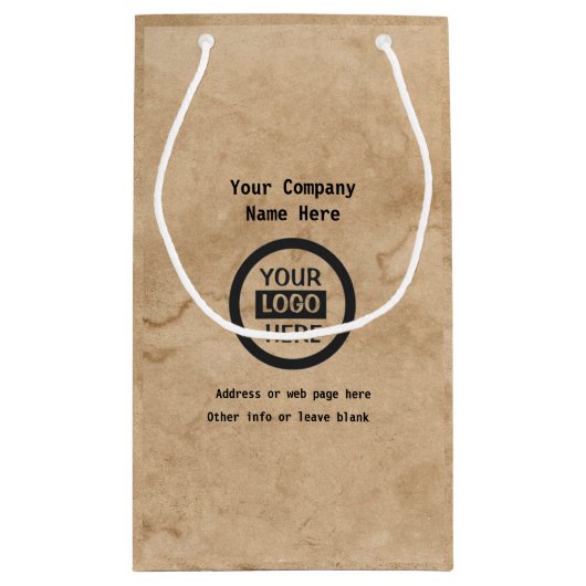 Logo en informatie bedrijf | Bruine achtergrond op Klein Cadeauzakje (Achterkant)