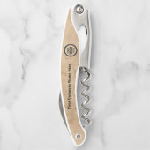 Logo en informatie bedrijf | Bruine achtergrond op Kurkentrekker (Achterkant)