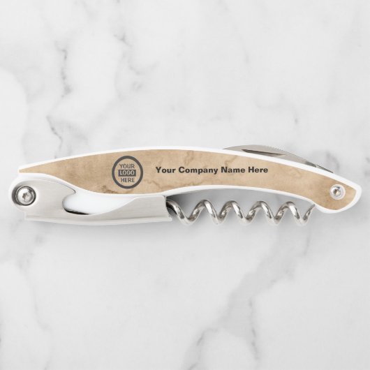 Logo en informatie bedrijf | Bruine achtergrond op Kurkentrekker (Voorkant)