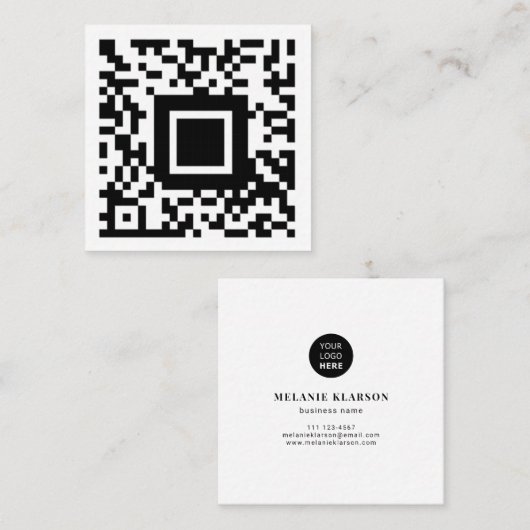 Logo- en QR-code Minimale zwarte en witte Sjabloon Vierkante Visitekaartje (Voorkant / Achterkant)