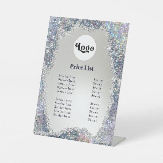 Logo Faux Silver Glitter Folie prijslijst Reclamebord Met Voetstuk (Voorkant)