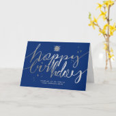 Logo Faux Silver Hand Script Navy Blue Birthday Kaart (Gele Bloem)