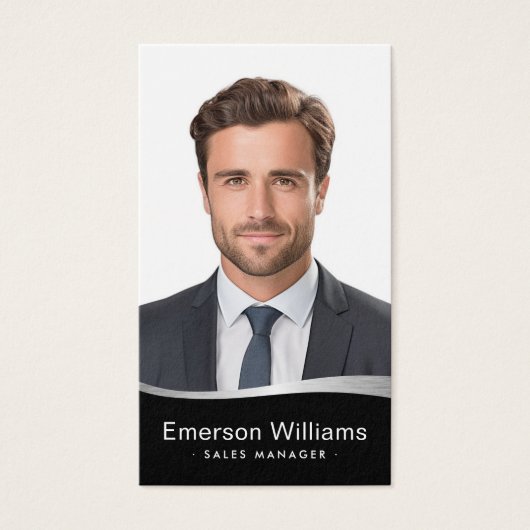 Logo faux zilveren golf foto QR zwart visitekaartj Visitekaartje (Voorkant)