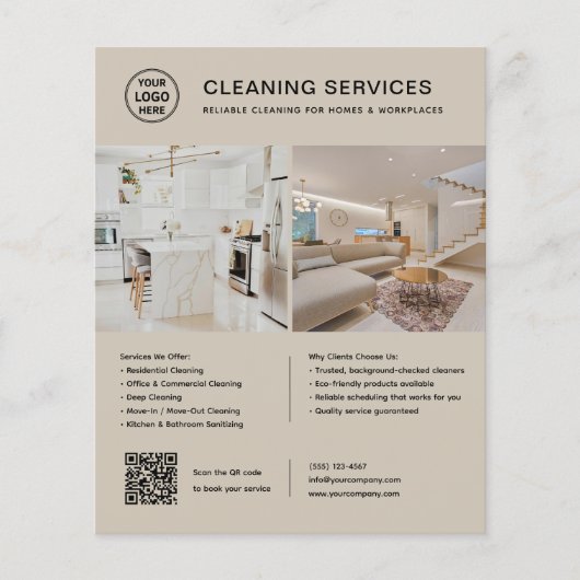 Logo Foto QR Code Schoonmaakdiensten Beige Flyer (Voorkant)