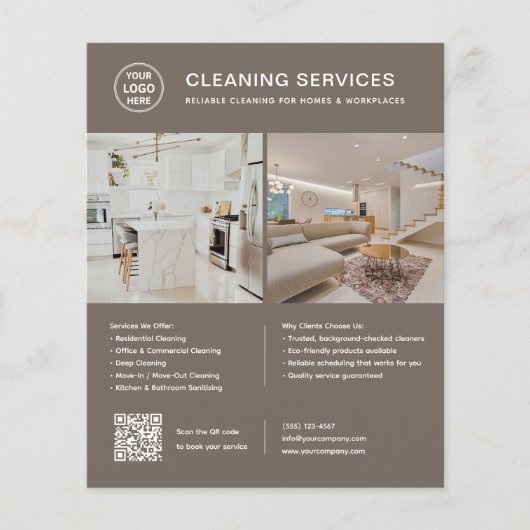 Logo foto QR-code taupe schoonmaakdiensten Flyer (Voorkant)