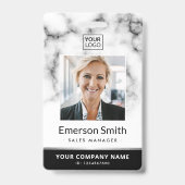 Logo foto wit marmer zwart modern personeelslid badge (Voorzijde)