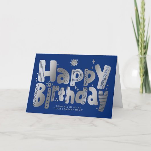 Logo Fun Silver Handwrity Blue Birthday Kaart (Voorkant)