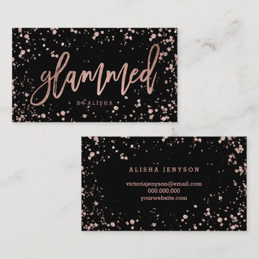 Logo glammed script roos gold confetti splatters visitekaartje (Voorkant / Achterkant)