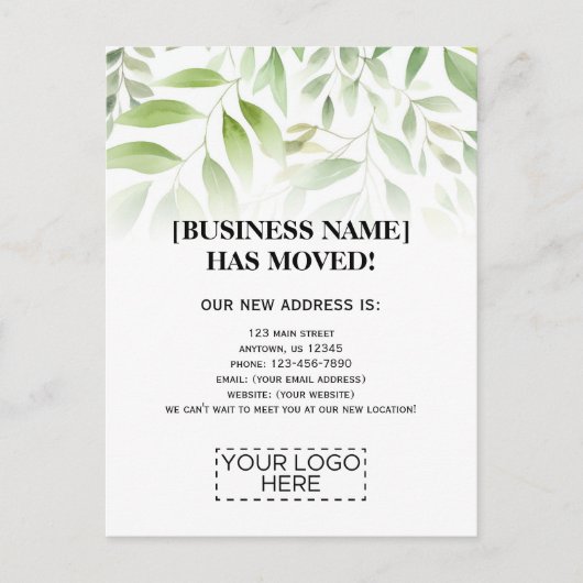 Logo Greenery Business Moving Announance Briefkaart (Voorkant)