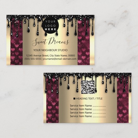 Logo Haar make-up nagels Drip SPA QRCode Gold Hear Visitekaartje (Voorkant / Achterkant)