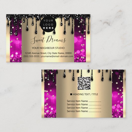 Logo Haar Make-up Nails Drips SPA QRCode Pink Gold Visitekaartje (Voorkant / Achterkant)