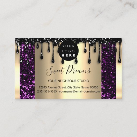 Logo Hair Makeup Nails Drip SPA QRCode Gold Paars Visitekaartje (Voorkant)
