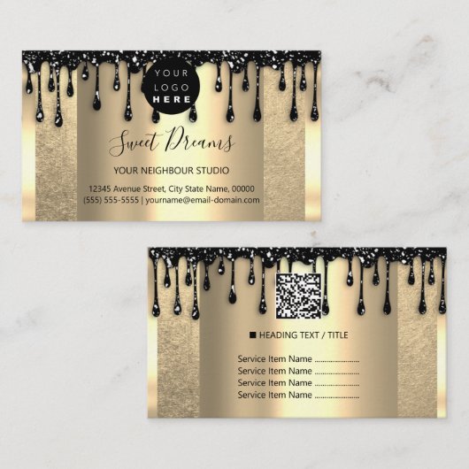 Logo Hair Makeup Nails Drip SPA QRCode Gold Studio Visitekaartje (Voorkant / Achterkant)