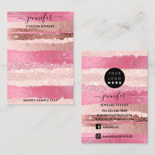 Logo handgemaakte juwelen Kaart roze rozenstrepen Visitekaartje (Voorkant / Achterkant)