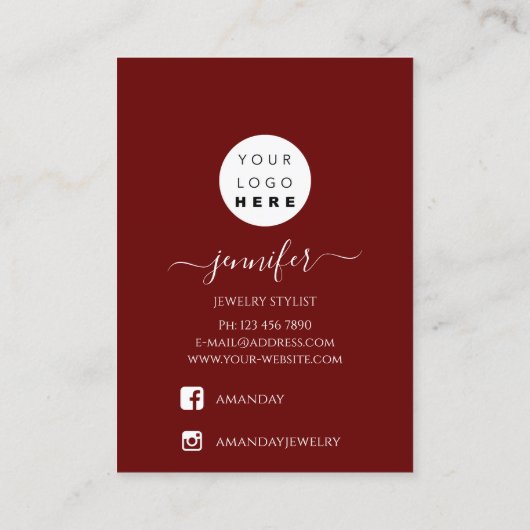 Logo Handmade Jewelry Kaart Minimalism Burgundy Visitekaartje (Achterkant)