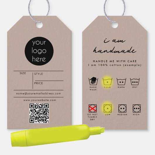 Logo Hang Label Prijs Kleding Zorg Hand Made Beige Cadeaulabel