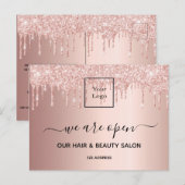 Logo heropening schoonheid salon roos goud glitter briefkaart (Voorkant / Achterkant)