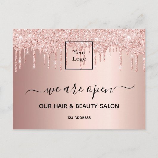 Logo heropening schoonheid salon roos goud glitter briefkaart (Voorkant)