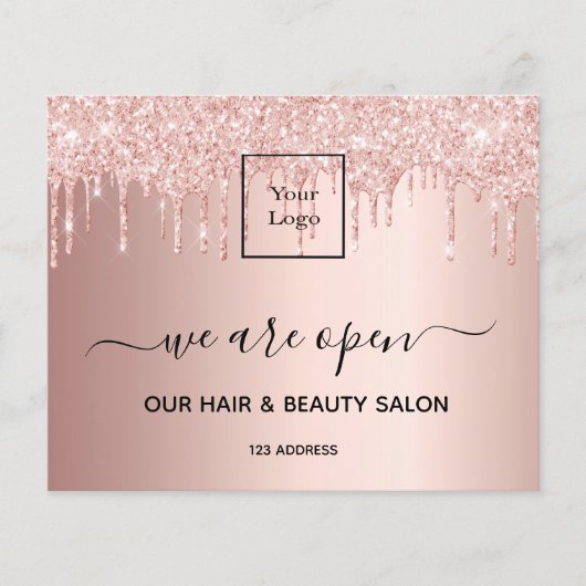 Logo heropening schoonheid salon roos goud glitter flyer (Voorkant)