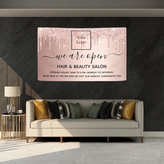 Logo heropening schoonheid salon roos goud glitter spandoek