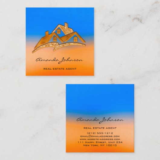 Logo House Real Estate Agent Home Blue Oranje Vierkante Visitekaartje (Voorkant / Achterkant)