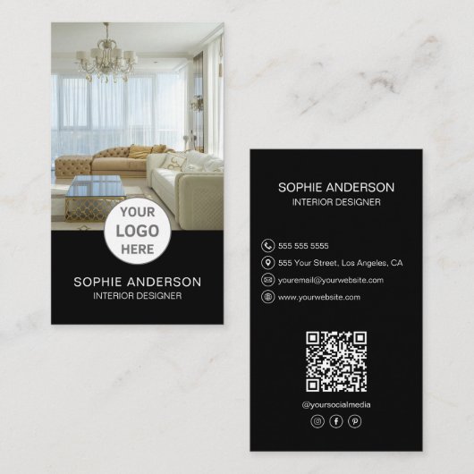Logo Interieurontwerper Foto QR Social Media Zwart Visitekaartje (Voorkant / Achterkant)