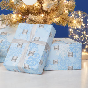 Logo kerstblauwe sneeuwvlokken cadeaupapier