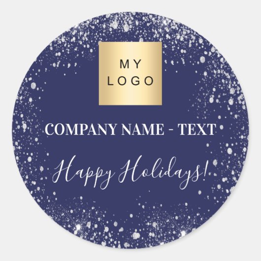 Logo kerstblauwe zilverglitter ronde sticker (Voorkant)