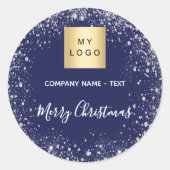 Logo kerstblauwe zilverglitter ronde sticker (Voorkant)
