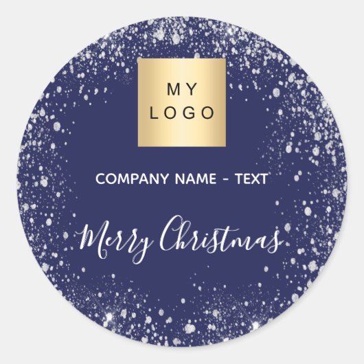 Logo kerstblauwe zilverglitter ronde sticker (Voorkant)