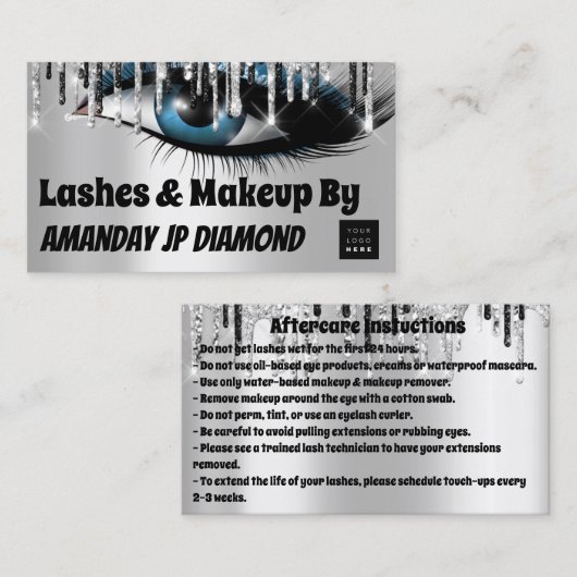 Logo Lashes Aftercare Instruction Black Silver Visitekaartje (Voorkant / Achterkant)