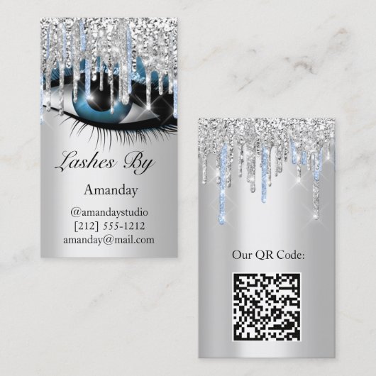 Logo Lashes Makeup Artist Silver Blue QR Code Visitekaartje (Voorkant / Achterkant)