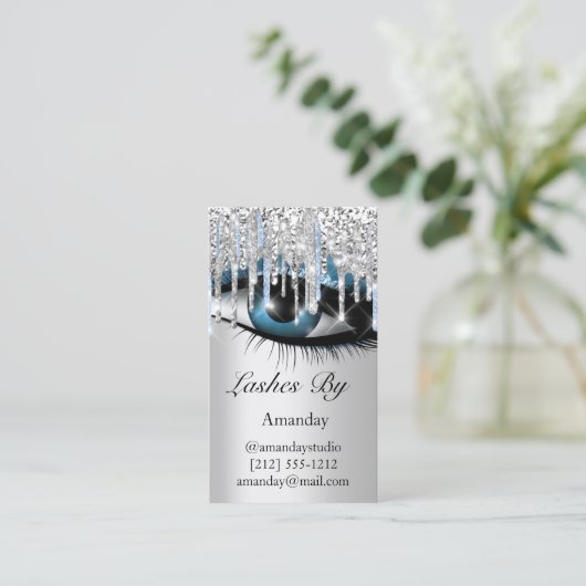 Logo Lashes Makeup Artist Silver Blue QR Code Visitekaartje (Staand voorkant)