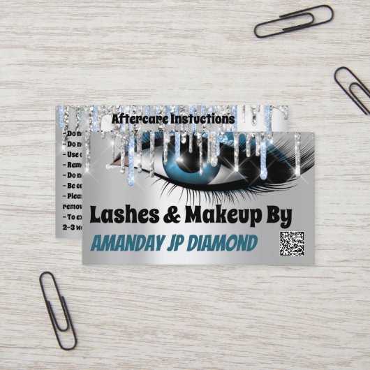 Logo Lashes Micorblade Aftercare Blue Drip QR Code Visitekaartje (Voorkant / Achterkant in situ)