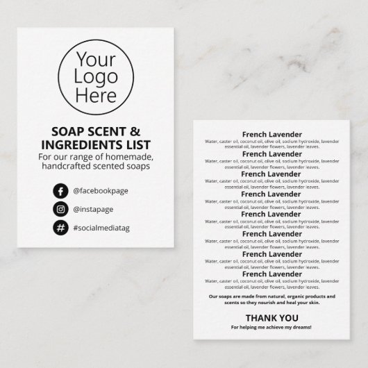 Logo lijst met zwarte en witte zeep-inktingrediënt visitekaartje (Voorkant / Achterkant)