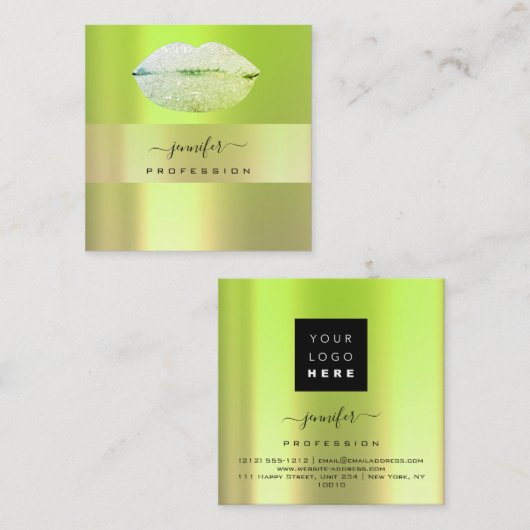 Logo lips groene munt professionele make-up arties vierkante visitekaartje (Voorkant / Achterkant)